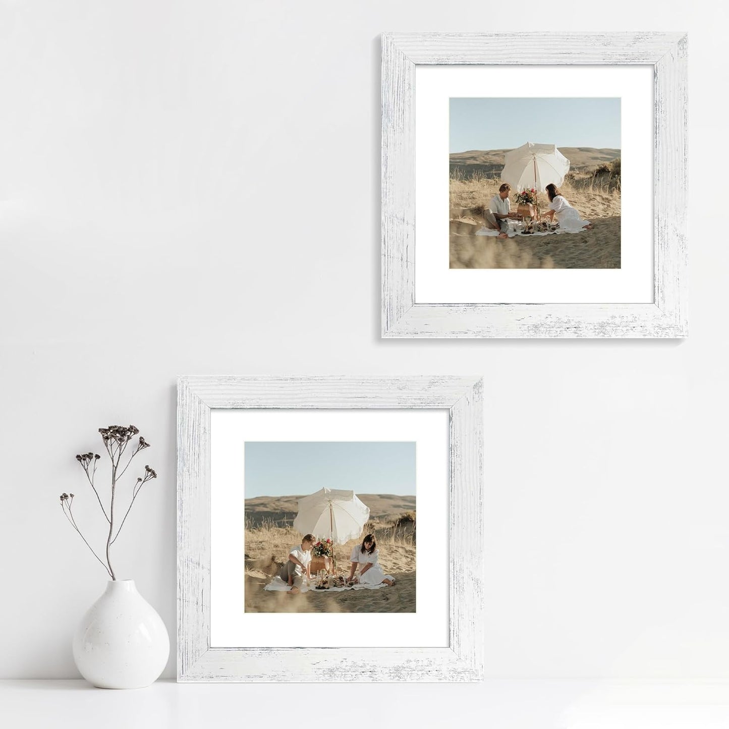 8x8 Picture Frames Set of 4 with Real Glass, Distressed White Frame Display 6x6 Pictures with Mat or 8 x 8 Without Mat, Wood Square Photo Frame for Wall Mount and Tabletop Display