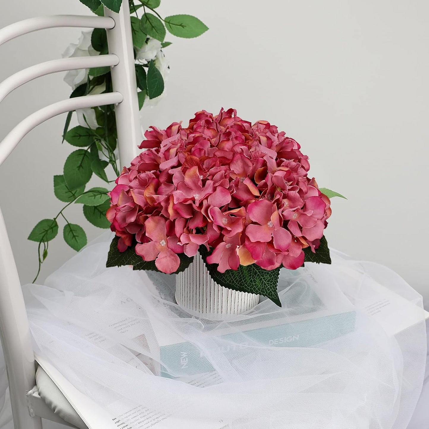 Flower Table Centerpieces - Set of 6 Floral Arrangement Artificial Wedding Hydrangeas Floral Arrangement with Rustic Metal Vase for Bridal Tea Party Event Decorations - Dusty Pink