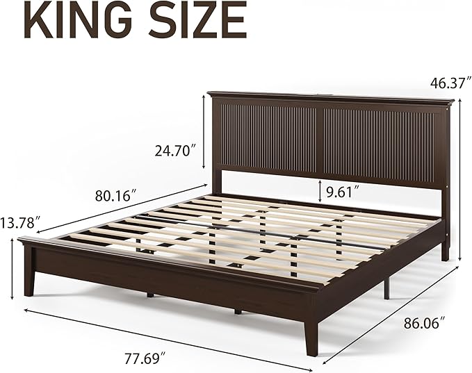 Lifezone King Bed Frame with Headboard, Solid Wood Bed Frame King Size with - Image 2