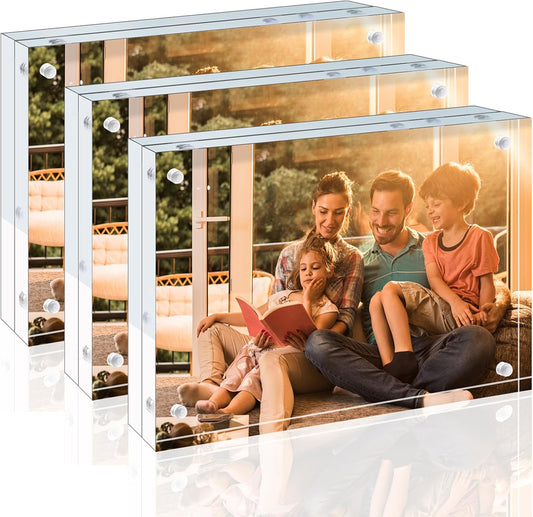 Egofine 4x6 Acrylic Frames 3 Pack, 20mm Thicker Frameless Clear Picture Frames, Double Sided Magnetic Picture Frames, Free Standing Desktop Display