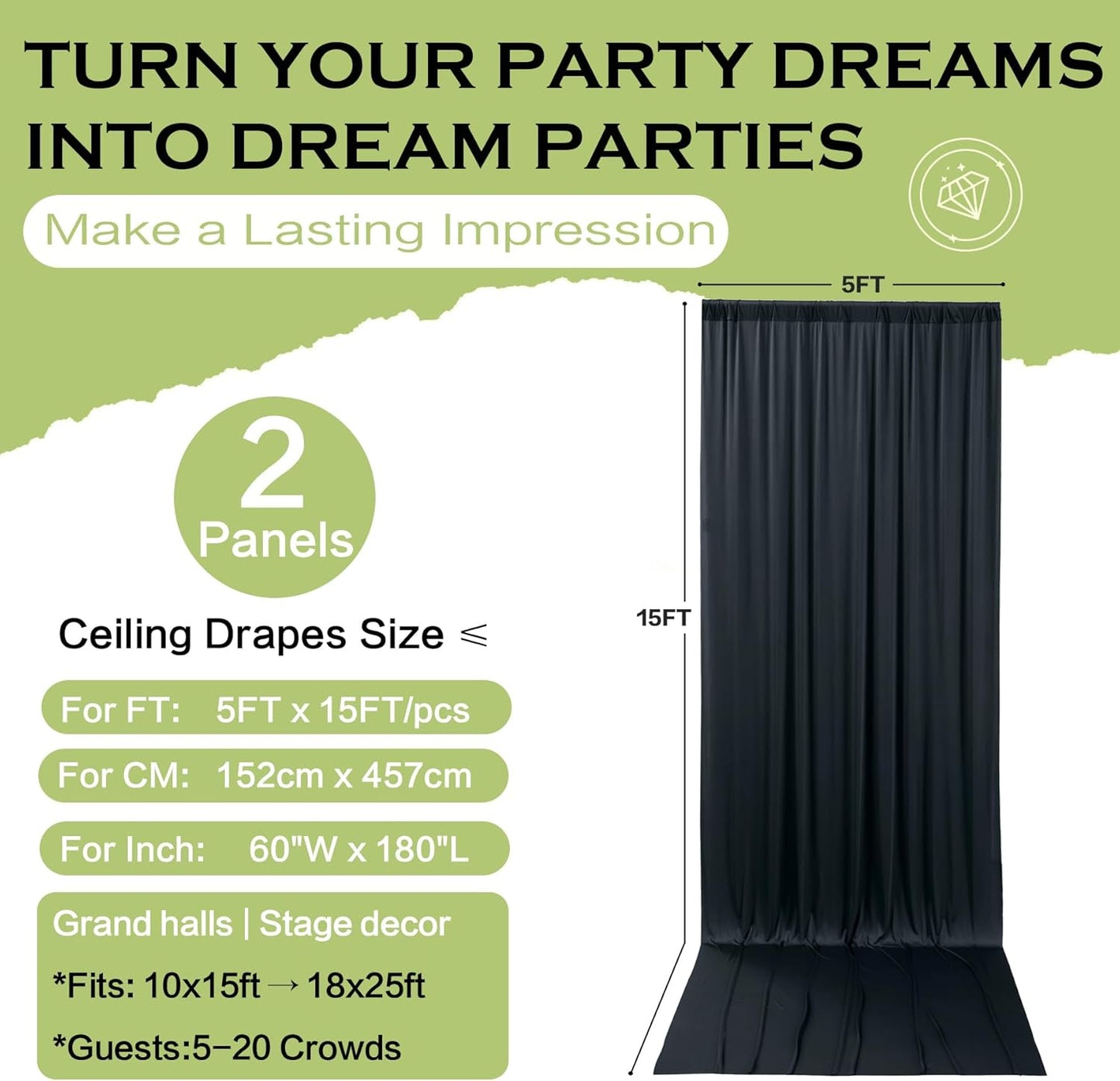 PartyVillage 10ft×15ft Black Backdrop Curtain for Halloween Parties, 2 Panels Wrinkle Free 15 FT Long Polyester Photo Backdrop Drapes Back Drop Cloth for Birthday Photography Background