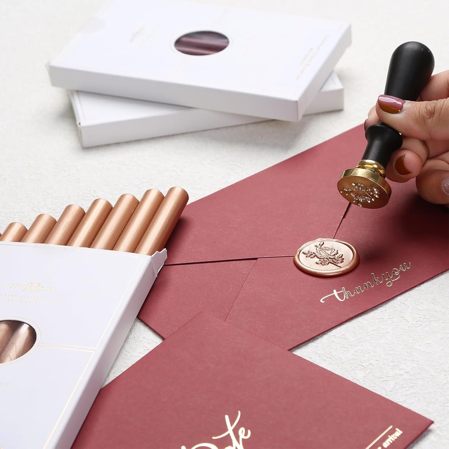UNIQOOO Metallic Rose Gold Glue Gun Sealing Wax Sticks for Wax Seal Stamp - Great for Wedding Invitations, Cards Envelopes, Snail Mails, Wine Packages, Christmas Gift Ideas, Pack of 8
