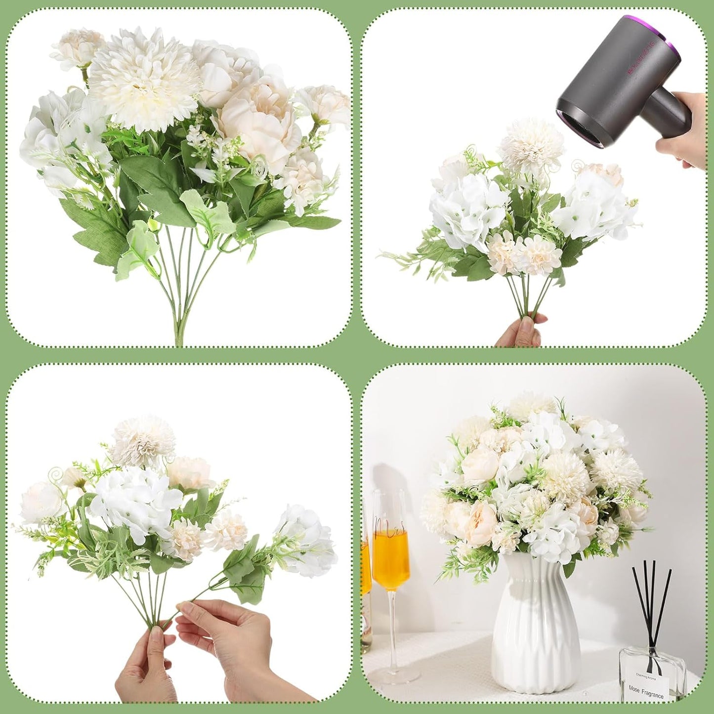 Tigeen Artificial Flowers Artificial Peonies Silk Flowers Faux Peony Fake Peony Silk Hydrangea Bouquet for Wedding Table Centerpiece Floral Vase Decor(White,24 Bundles)