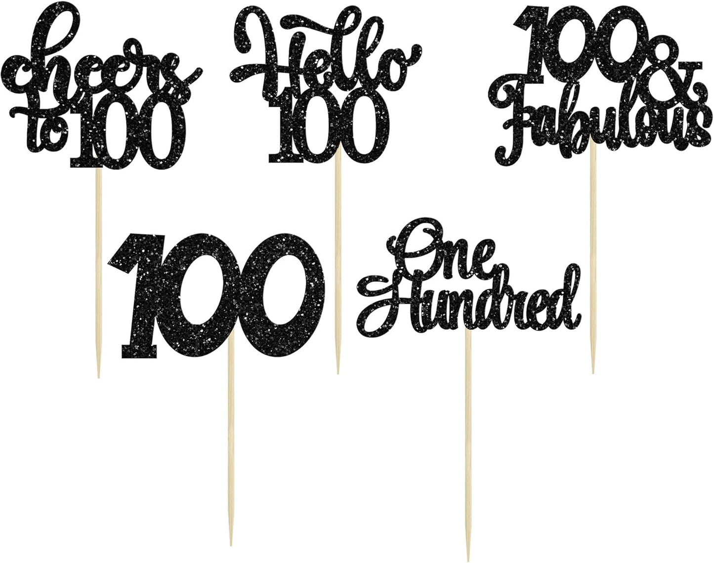30pcs Happy 100th Birthday Cupcake Toppers - Black Glitter One Hundred Cheers to 100 Years Old Cupcake Picks for Anniversary Party Cake Decorations