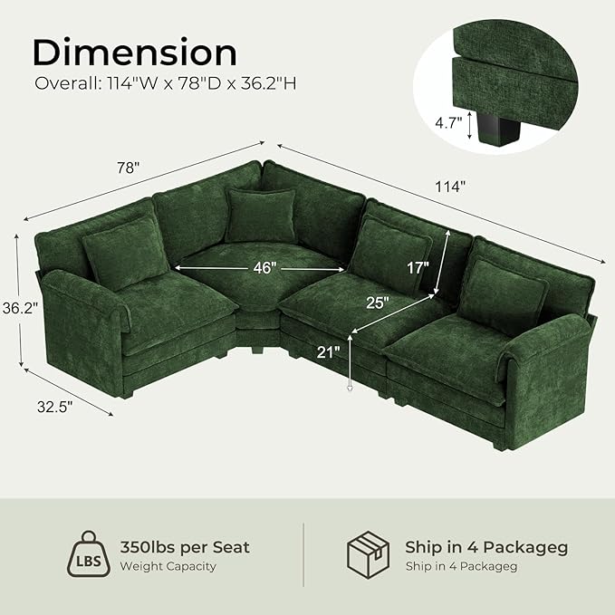 ELUCHANG 114" Oversized V-Shaped Cloud Couch Modular Sectional Sofa - Image 2