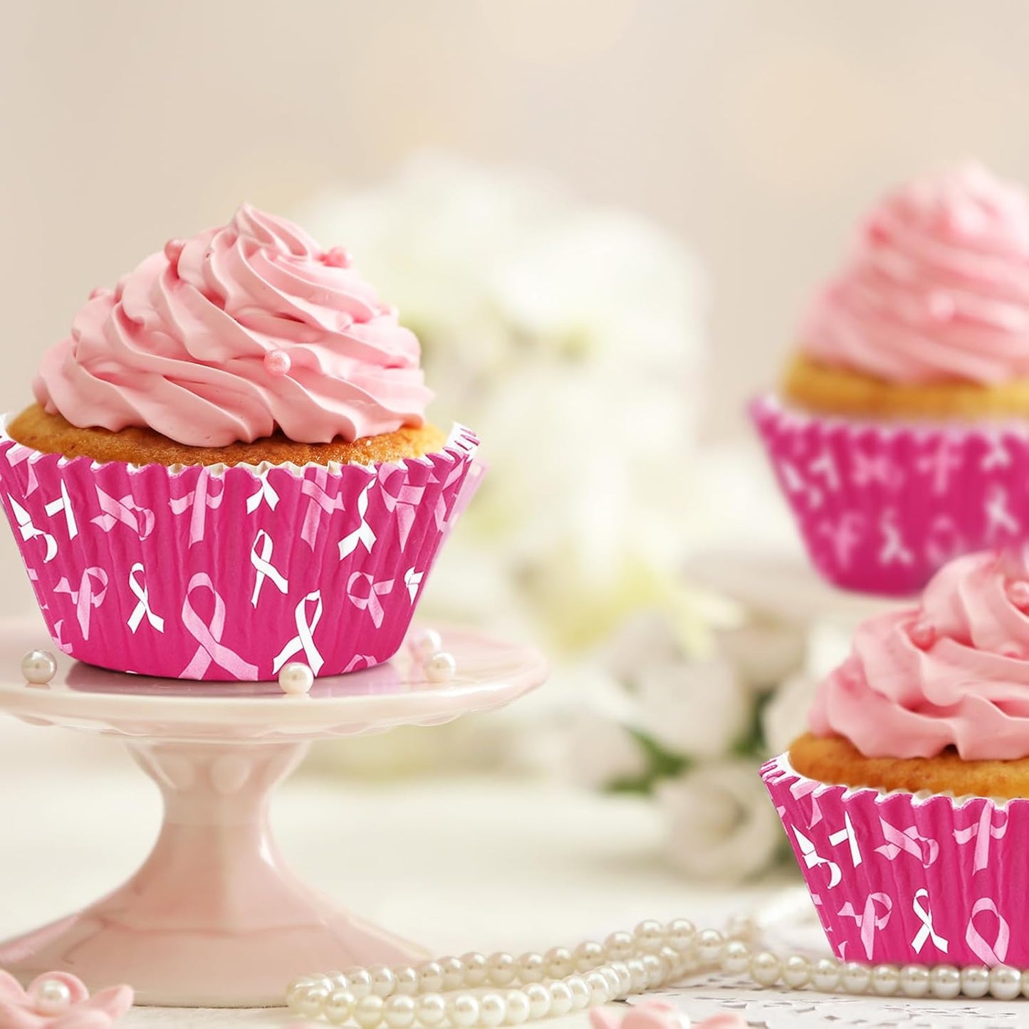 Whaline 300 Pcs Breast Cancer Awareness Cupcake Liners Pink Ribbon Cupcake Wrappers Muffin Liners for Women Breast Cancer Awareness Supplies, 2 x 1.2 Inch