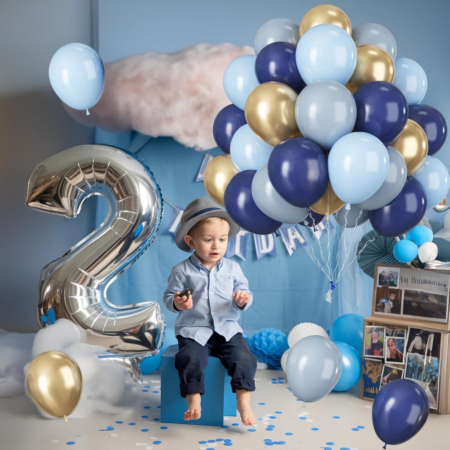 Navy Blue Gold Balloons, 12 Inch Dusty Light Blue Golden Latex Balloon Set for Boys Birthday Winter Wonderland Wedding Baby Shower Party Decorations