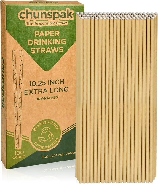 10 Inch Long Paper Drinking Straws Biodegradable - For 20oz to 32oz Tall Cups, Tumblers, Bottles - Brown Kraft, 100