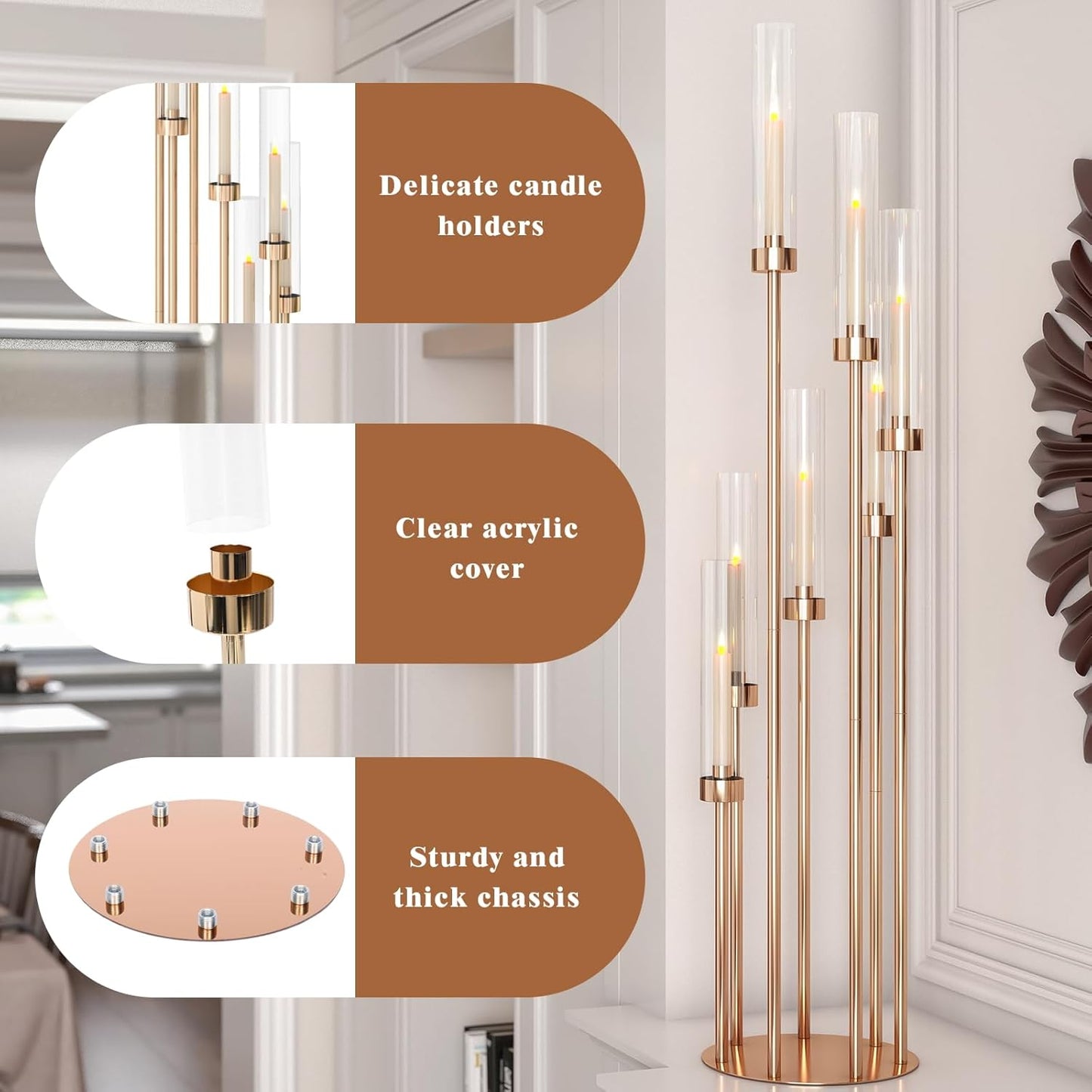 46.5'' Floor Candelabra 7 Arms Floor Candle Holders for Wedding Gold Candle Sticks Holder Decor Metal Candlestick Set with Acrylic Lampshades for Home Party (7 arm Round 46.5in)