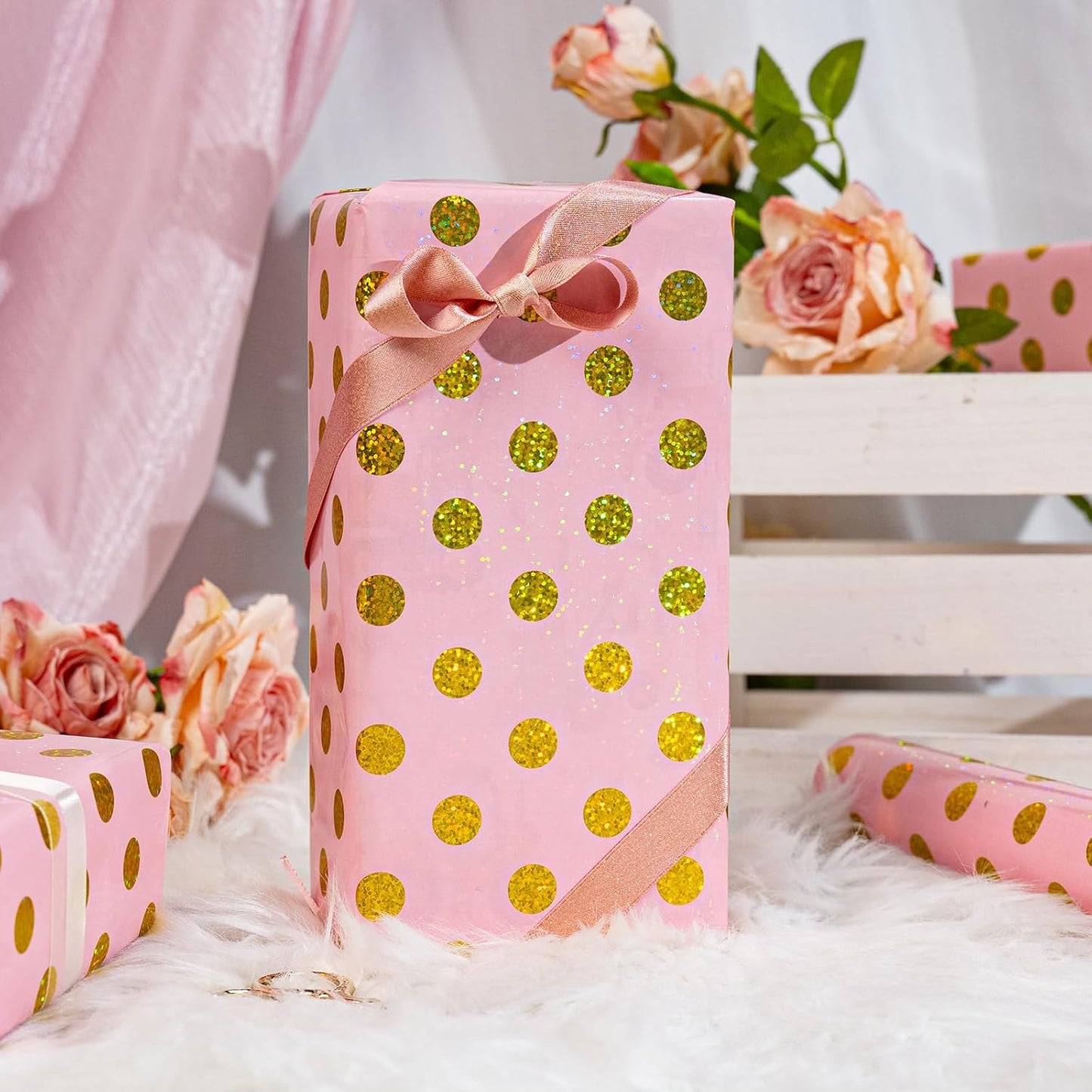 Burymento Pink Holographic Dots Wrapping Paper, Reversible Gold Gift Wrap for Birthday, Valentines, Mothers day, Graduation, Wedding, Fathers day, Baby Shower, Christmas (17in x 16.4ft)