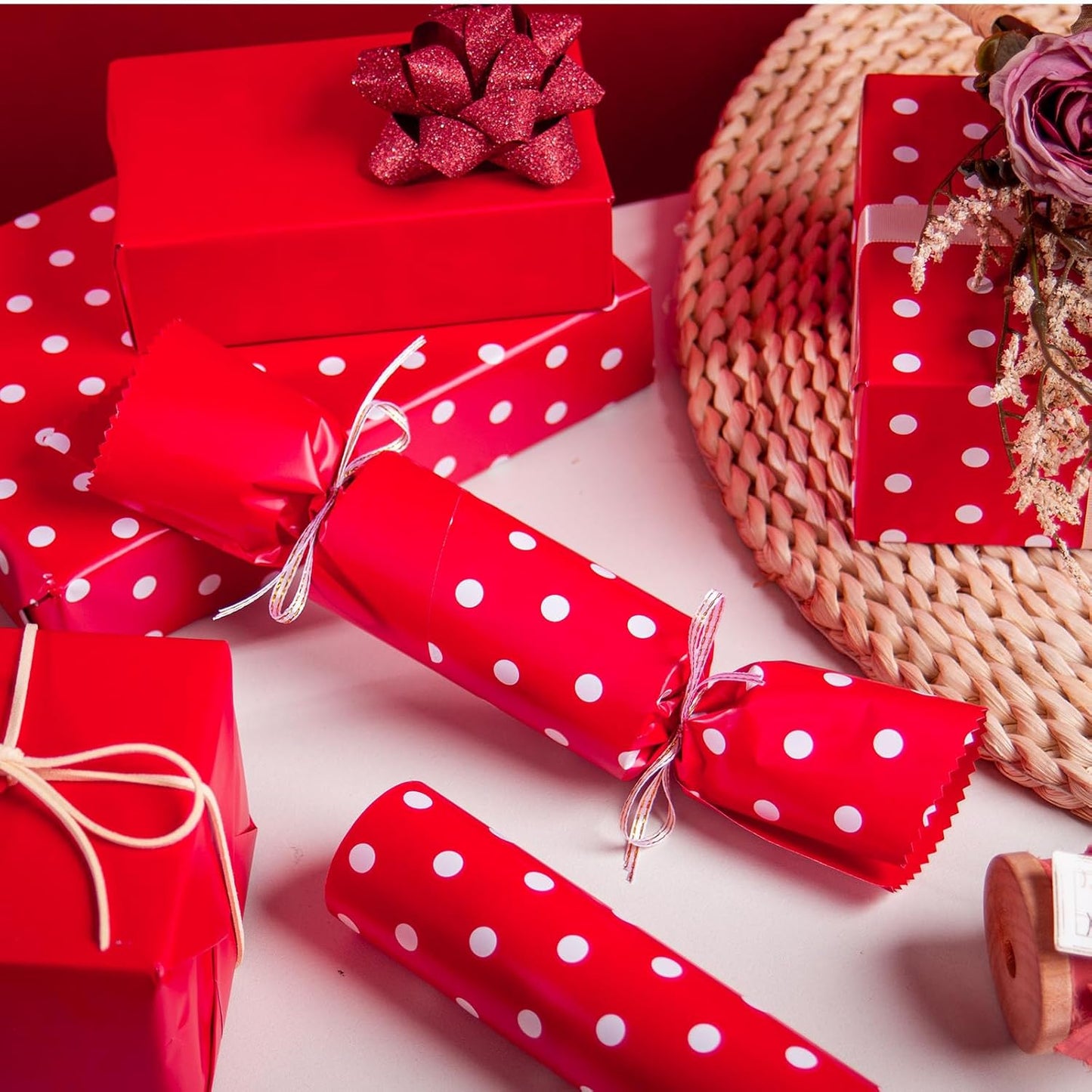 Flyhill Red Wrapping Paper,Reversible Gift Wrap Paper with Polka Dot Design for Girls,Birthday,Valentine's Day,Mother's Day(17 Inch X 32.8 Feet)