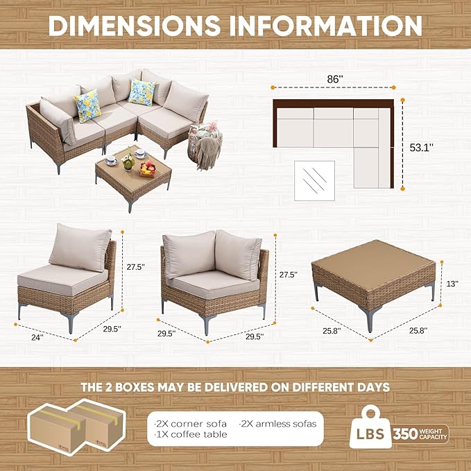 JOYURE 5 Piece Wicker Patio Furniture Set, Outdoor Conversation Sectional Sofa - Image 2