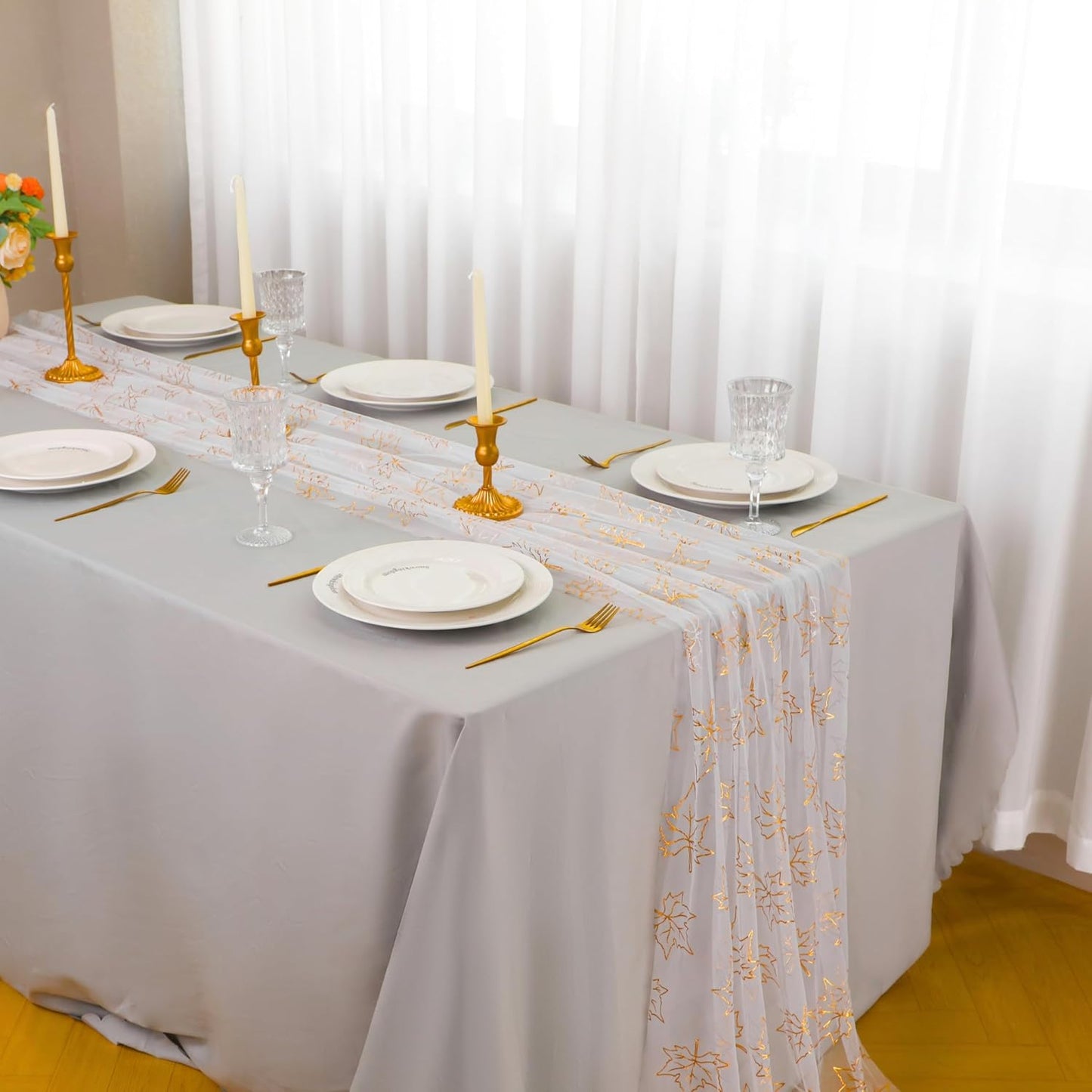 Snowkingdom Fall Table Runner, 10ft Gold Maple Leaves Gauze Chiffon Table Runners, Thanksgiving Decoration Sheer Cheesecloth Runner for Autumn Harvest Glitter White Sparkle Dining Party Decor 120 Inch