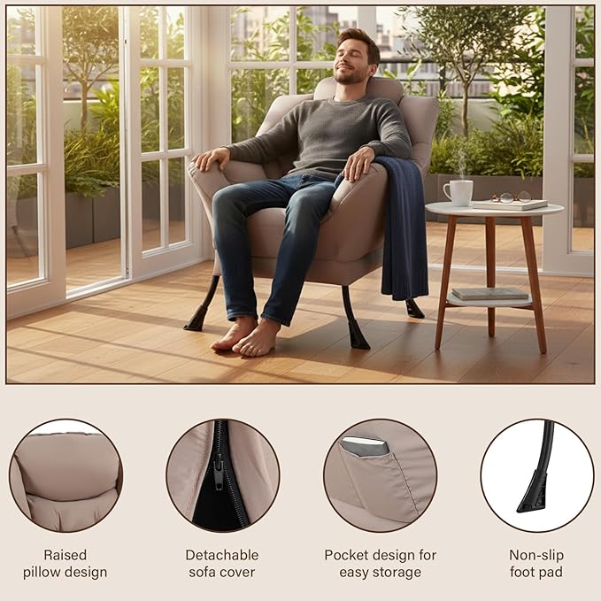 Welnow Khaki Single Lazy Chair for Living Room, Modern Reading Accent Chair - Image 4