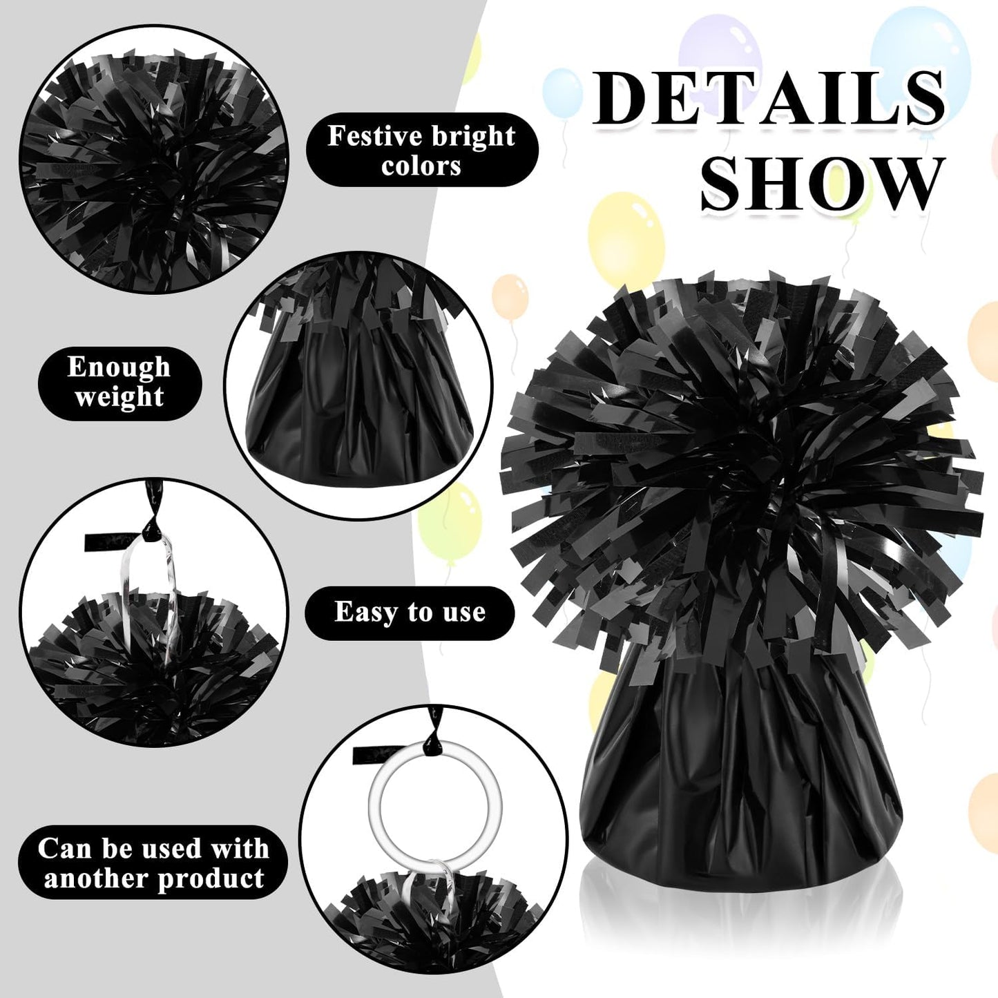 24 PCS Balloon Weights Metallic Anchor, Balloon Holder Heavy Weights with 1 Roll Black Crimped Ribbon for Balloons Table Party Favor Birthday Decor(Black)