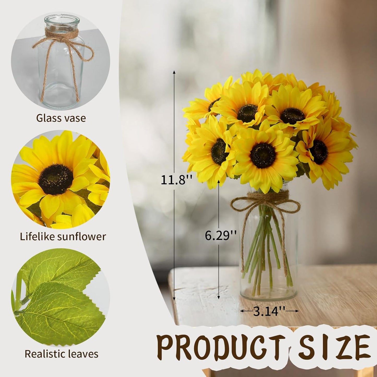 Leftover Sunflower Artificial Flowers in Vase,Sunflower Decor,Flower Centerpieces for Tables,Fake Flowers in Vase for Summer Decor, Yellow Decor