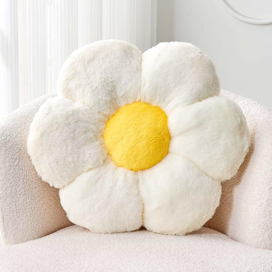 White Flower Plush Throw Pillow, Cute Decorative Flower Shaped with Faux Rabbit Fur, 14.9" Soft Throw Pillow for Bedroom Living Room