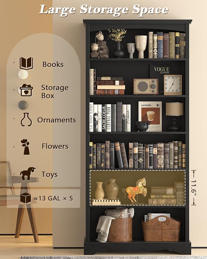 TVU 6-Tier Wooden Bookshelf, 76 Inch Tall Bookshelf - Image 4
