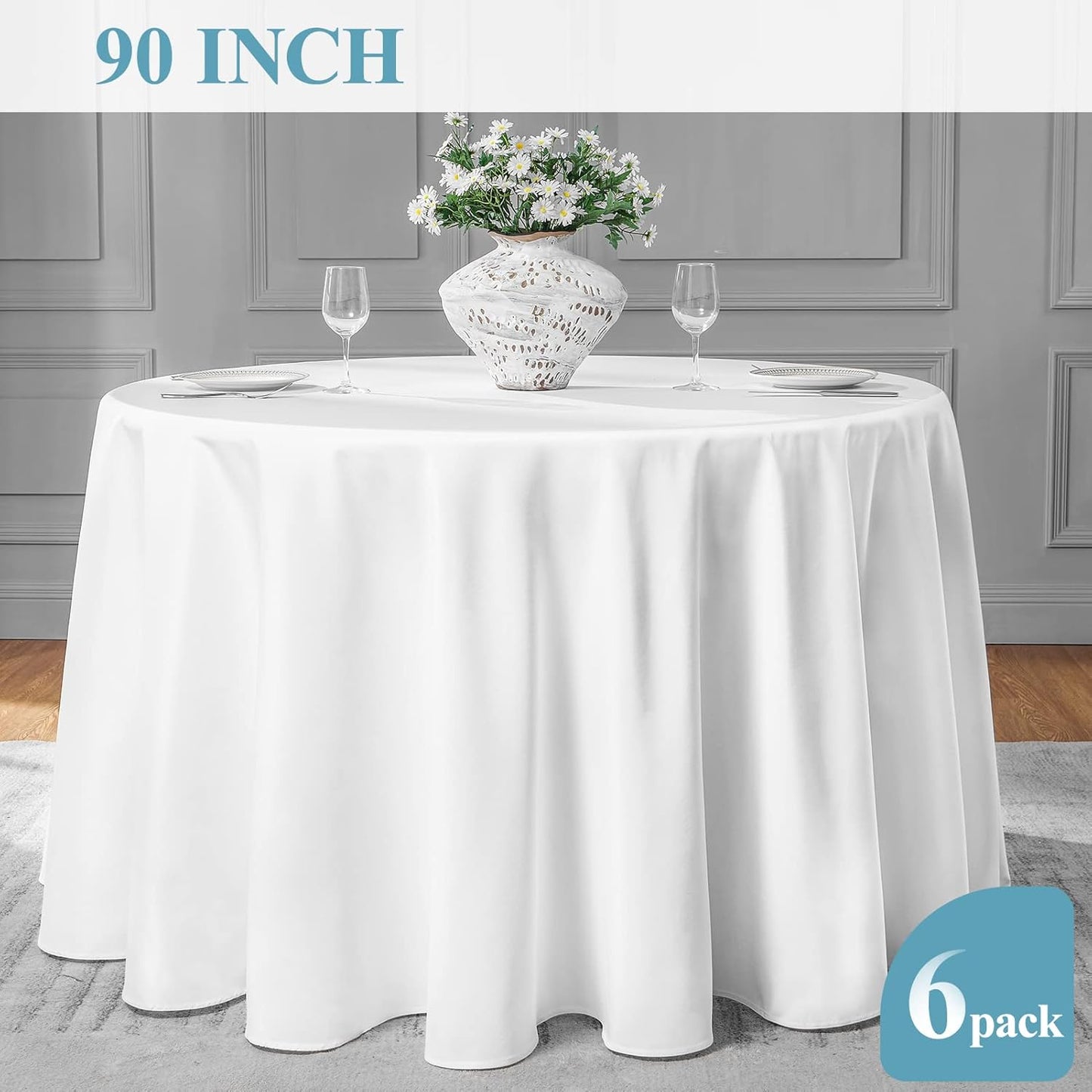 VidaFete 6 Pack 90inch Round Tablecloth Polyester Table Cloth，Stain Resistant and Wrinkle Polyester Dining Table Cover for Kitchen Dinning Party Wedding Rectangular Tabletop Buffet Decoration(White)