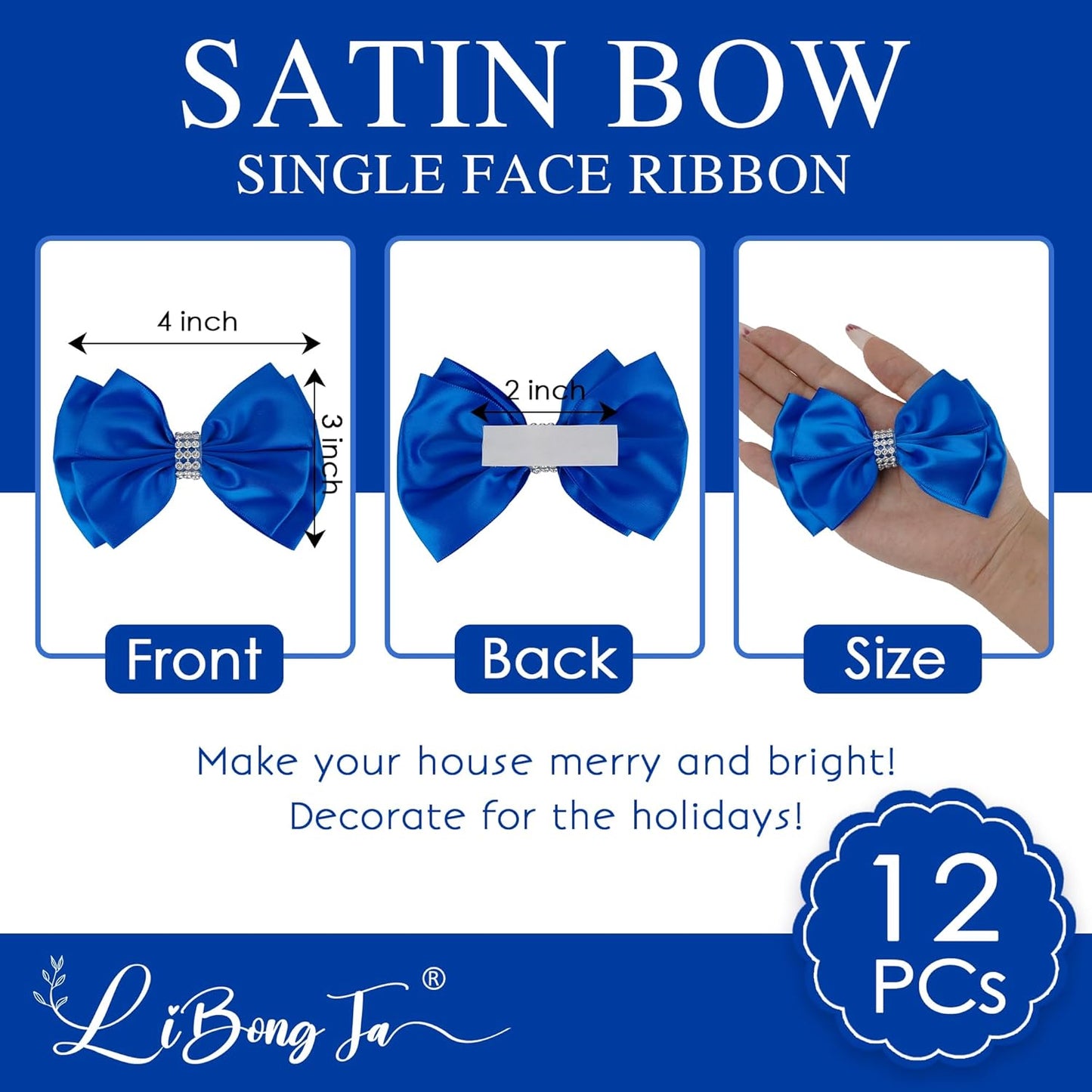 Royal Satin Bows 4'' Premade Blue Ribbon Bow, Gift Bows with Rhinestone, Wrapping Bows for Presents, Greeting Cards, Treat Bags, Wine Bottles, Valentines Bows for Gift Wrapping-12 Counts