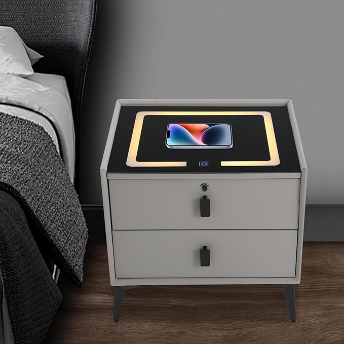 Smart Nightstand w/Fingerprint Lock Drawers, Smart Bedside Table w/USB Charging - Image 4