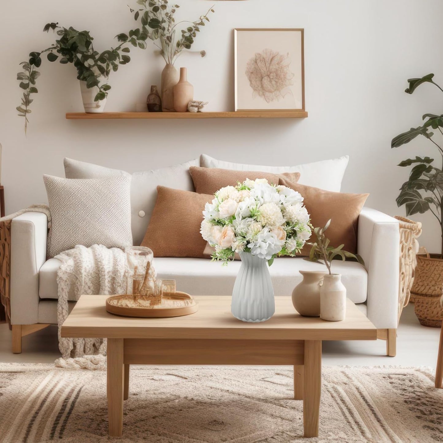 Tigeen Artificial Flowers Artificial Peonies Silk Flowers Faux Peony Fake Peony Silk Hydrangea Bouquet for Wedding Table Centerpiece Floral Vase Decor(White,24 Bundles)