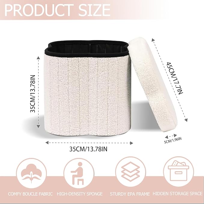 Boucle Storage Ottoman Cube, 13.8" Flower-Shaped Footstool - Image 3