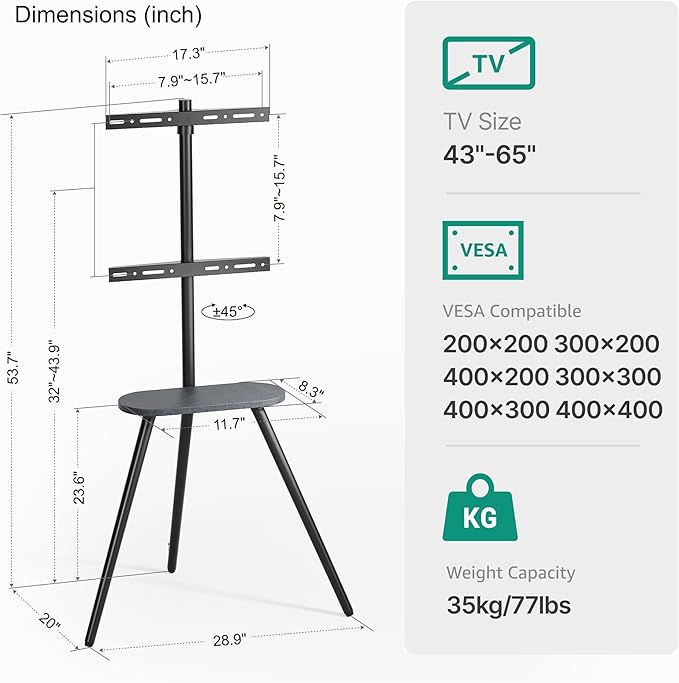 Tripod Easel TV Stand for 43–65 Inch TVs, Height Adjustable Swivel Floor TV - Image 8