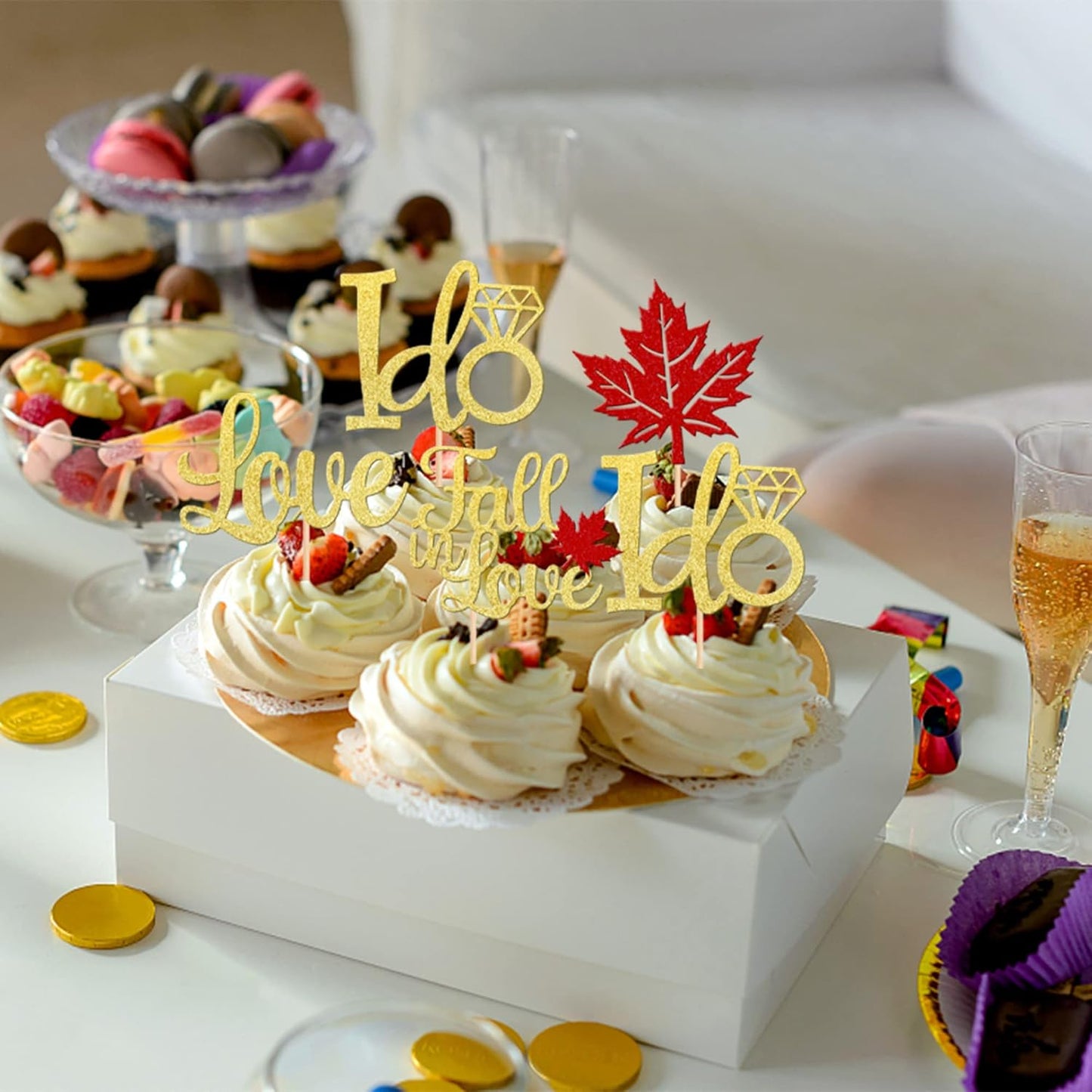 24 PCS Fall in Love Cupcake Toppers Glitter Maple Leaves Love I Do Cupcake Picks Fall Theme Wedding Cake Decorations for Bridal Shower Engagement Thanksgiving Birthday Party Supplies