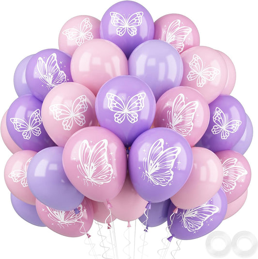 Maca Pink Purple Butterfly Printed Balloons - 52 PCS 12 Inch, Perfect for Baby Shower, Girls' Birthday Parties, or Wedding Decorations