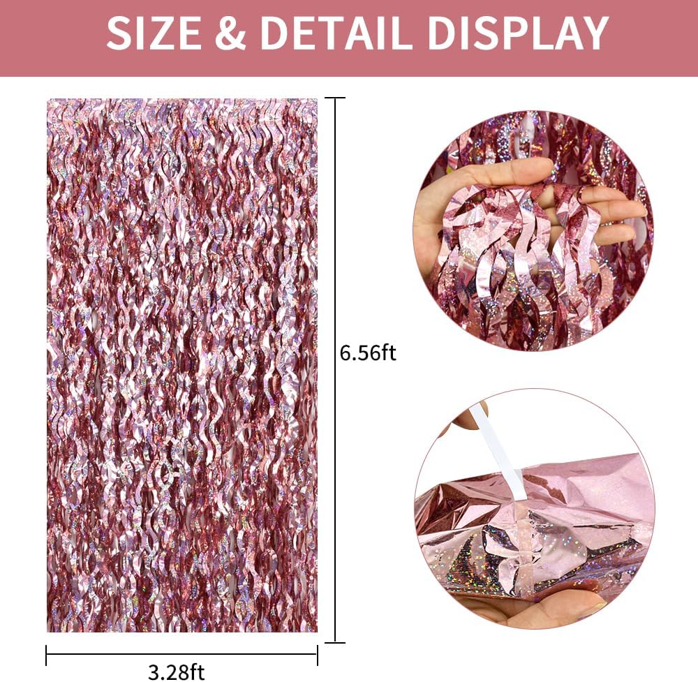 TONIFUL 3Pcs Wavy Metallic Tinsel Foil Fringe Curtains Rose Gold Streamer Backdrop for Photo Booth Props,Party Door Wall Curtain,Bachelorette,Birthday,Anniversary,Bridal Shower Decor (9.9ft x 6.6ft)