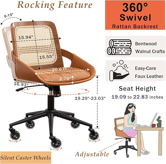 Home Office Desk Chair with Ergonomic Rattan Backrest, Walnut Crafts, Curved - Image 2