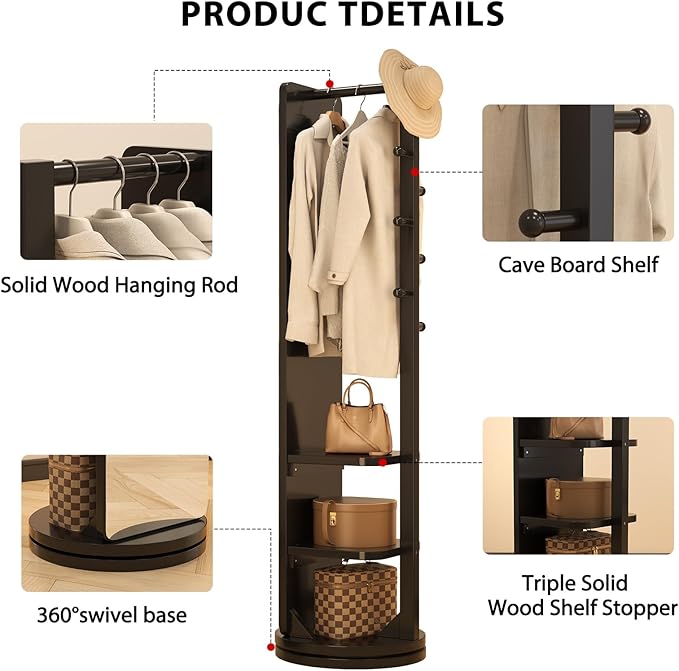 WoodsWhisper Full Length Mirror Coat Rack Solid Wood Floor Mirror 70"x16" Full - Image 5