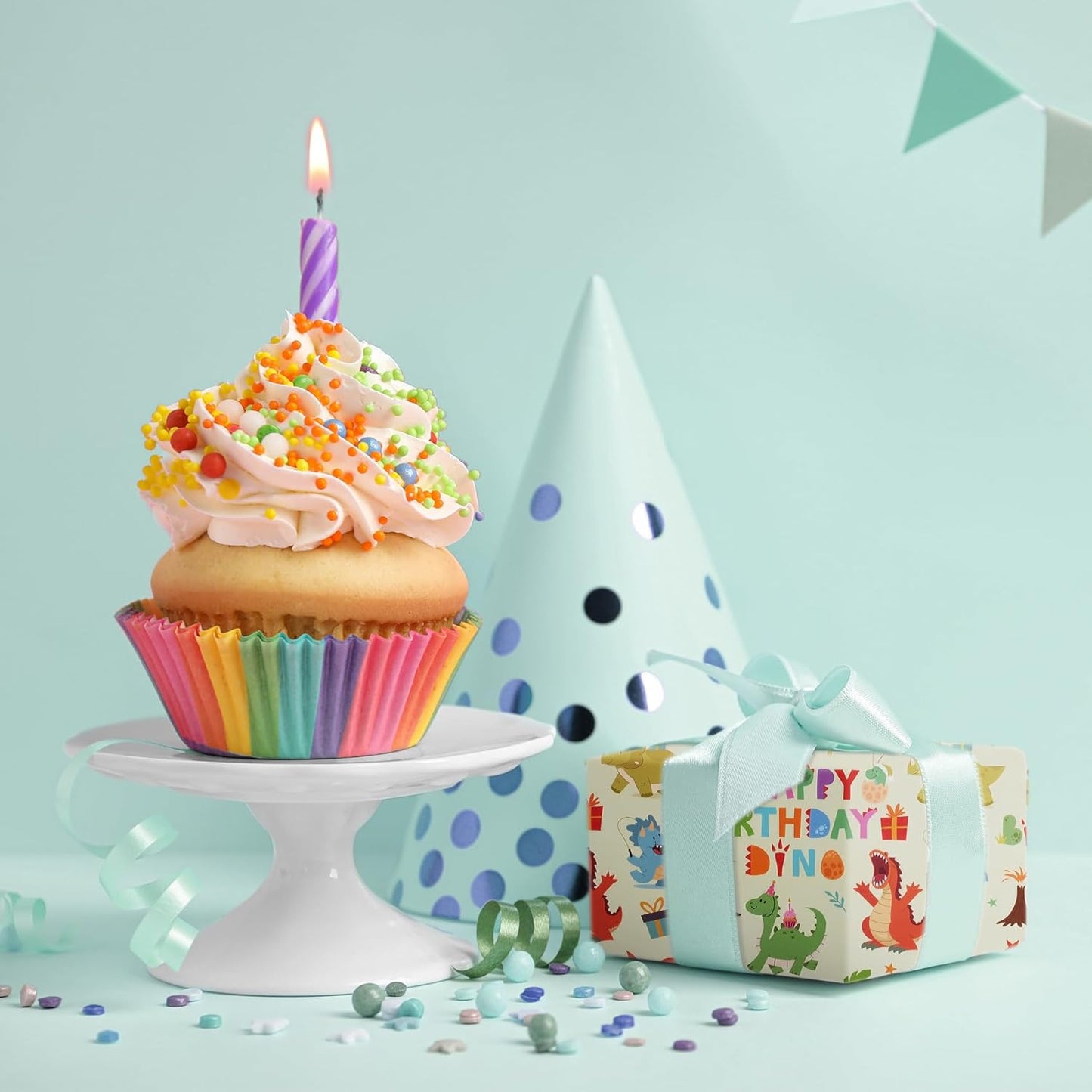 Aimyoo Dinosaur Birthday Wrapping Paper Roll - 17 Inch X 32.8 Feet - Green Happy Birthday Dino Pattern Gift Wrap Paper for Boys Party, Baby Shower, Holiday