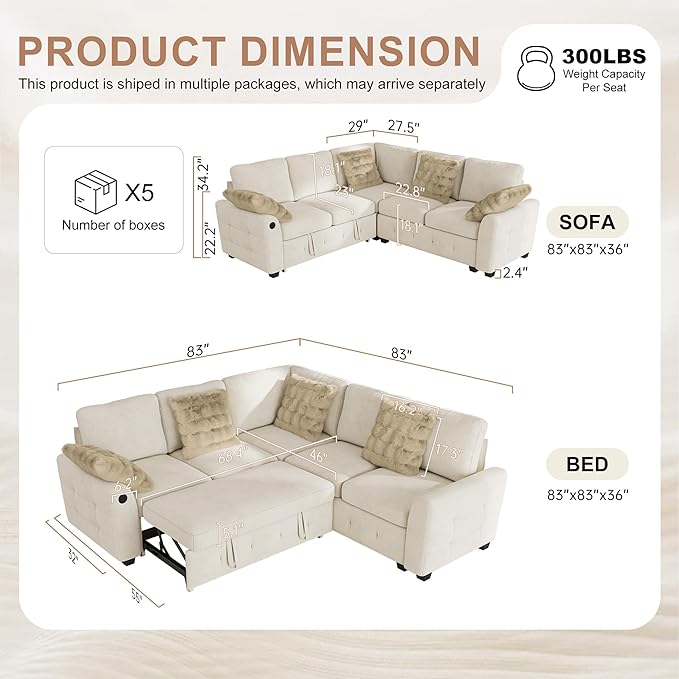 Hanherry Sectional Couch with Pull Out Sofa Bed, Chenille Sleeper Sofa with 2 - Image 2