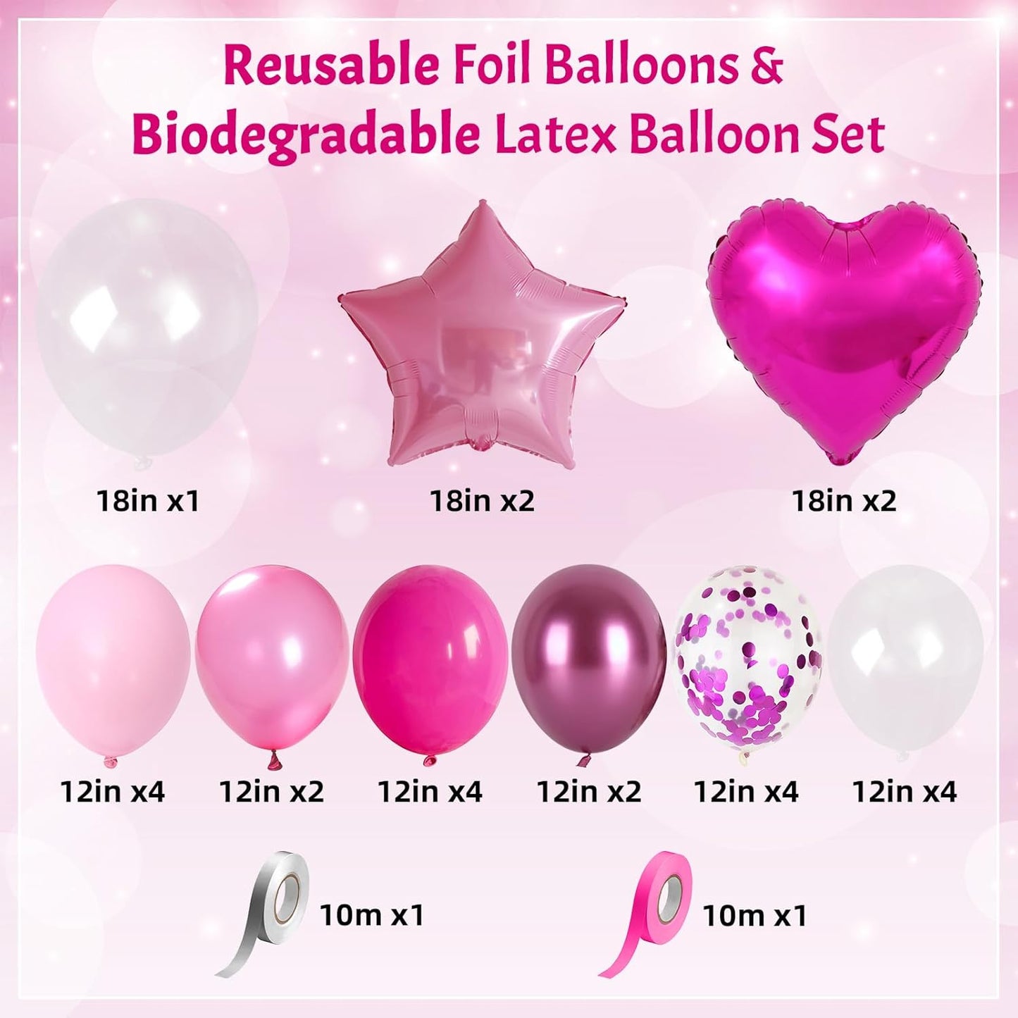 Hot Pink Balloons Pink Heart Star Balloon as Pink Birthday Decorations, Metallic Magenta Light Baby Pink Balloons 18 inch Clear Confetti Heart Star Mylar Shape Foil Balloon as Princess Kid Party Decor