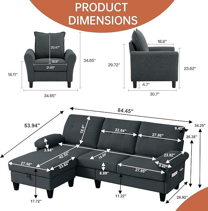 2PCS Sectional Sofa Set with Ottoman, Modern Linen 4 Seater Couch Set with Side - Image 2