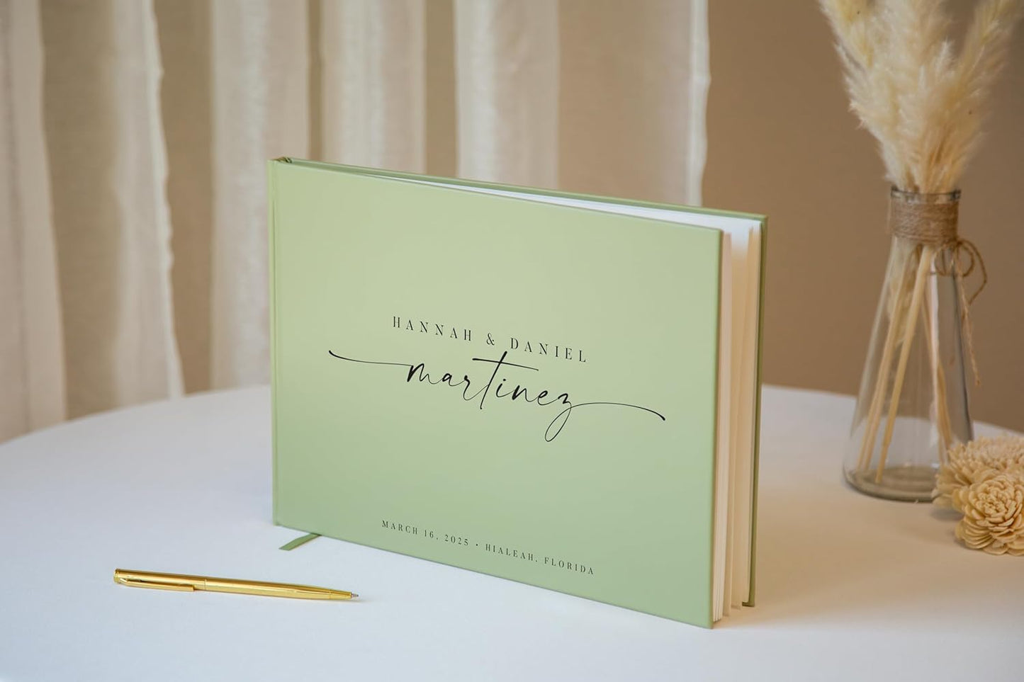 Personalized Guest Book - 11.5" x 8.5" Custom Bride & Groom Names with Bookmark and Hard Cover 140 GSM Blank Pages, for Weddings Guest Book, Engagements, Birthdays, Special Events, Sage