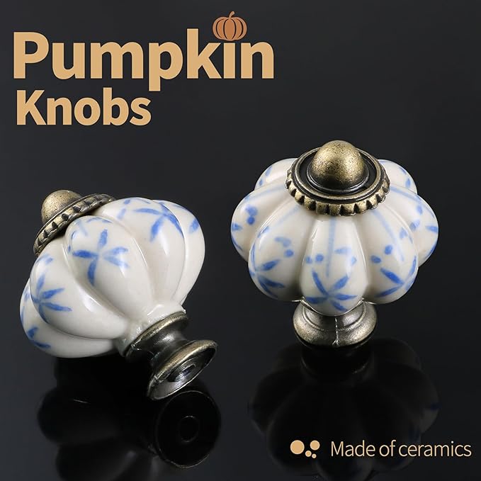 Ivory & Blue Pumpkin Knobs 2 Pack Ceramic Cabinet Knobs Vintage Drawer Pulls - Image 5