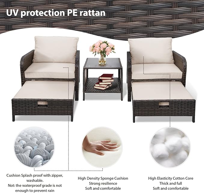 LEVELEVE Balcony Furniture 5 Piece Patio Conversation Set, PE Wicker Rattan - Image 7