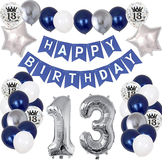 13th Birthday Decorations for Boys Girls, 13th Birthday Party Supplies with HAPPY BIRTHDAY Banner and Number 13 Balloons, Silver Navy Blue Theme Party for Teenager Kid 13 Years Old Birthday Decoration