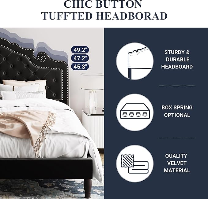 Allewie King Bed Frame with Adjustable Velvet Tiara Headboard, Upholstered - Image 6