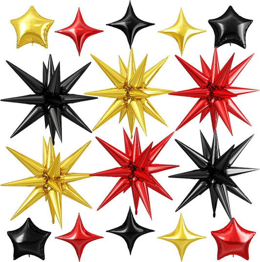 Black Gold Red Star Balloon,16Pcs Star Foil Balloons Set with 22Inch Explosion Spike Cone Balloons and 10Inch Quadrangle Helium Balloon for Birthday Wedding Baby Shower Party Decorations