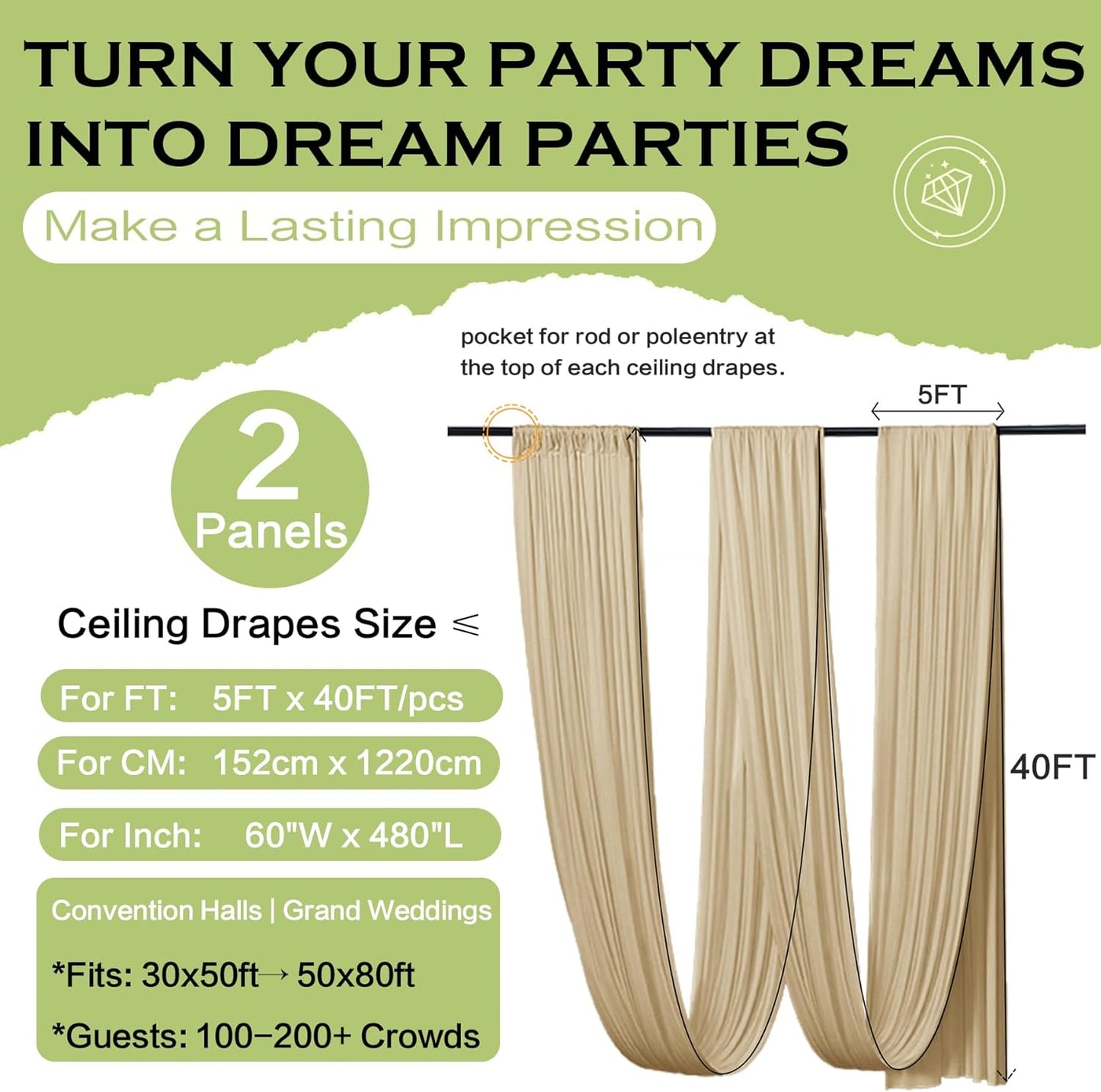 PartyVillage 10ftx40ft Beige Ceiling Curtain for Wedding Parties – 2 Panels Wrinkle-Free 40 FT Long Tent Draping Curtains for Wedding, Birthday & Theme Parties, 40ft Height with Rod Pocket