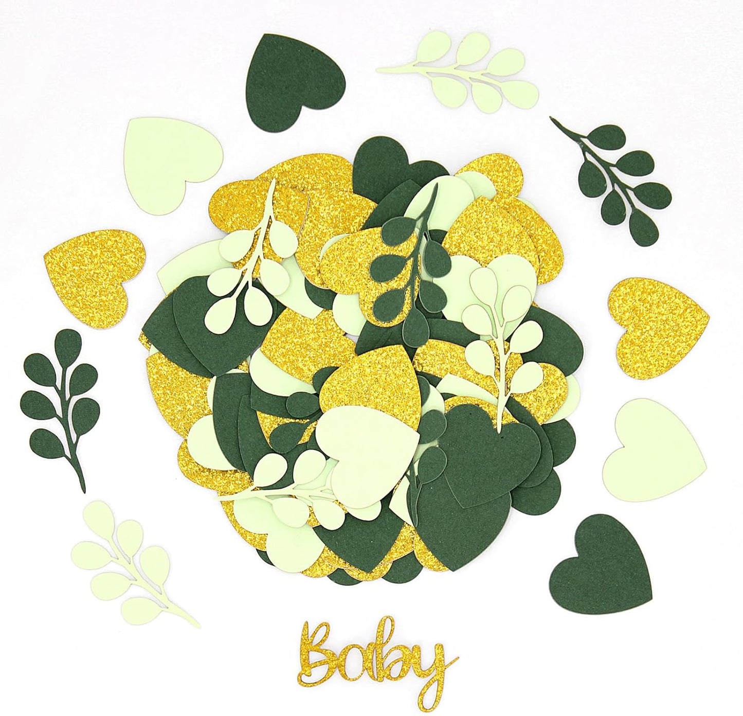 200PC Sage Green Baby Shower Confetti Green Gold Glitter Heart Table Confetti for Greenery Gender Neutral Baby Shower Decorations