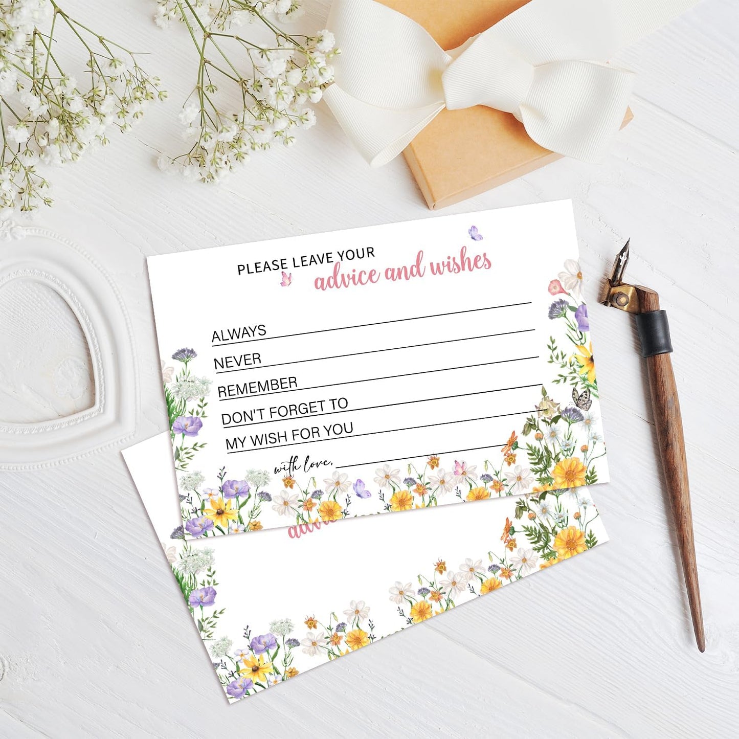 Advice and Wishes For the Mr and Mrs, Wildflower Advice Cards for Bridal Shower, Well Wishes for Wedding, Baby Shower Birthday And Graduation Party, 4" x6", 25 Pack-03
