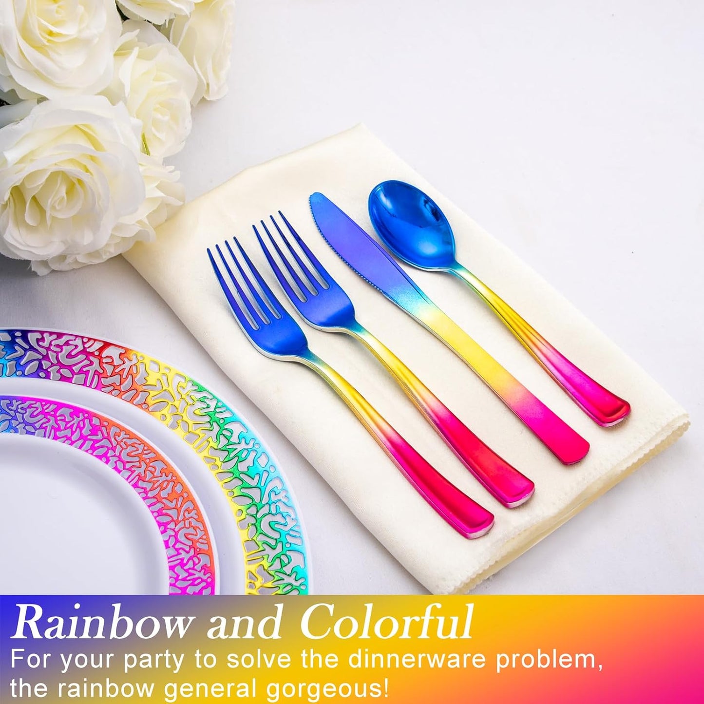 Supernal 120pcs Rainbow Plastic Silverware Set Colorful Party Utensils Blue Pink Gold Plastic Silverware Include 40 Rainbow Forks, 40 Gold Knives and 40 Blue Spoons for Trolls Party