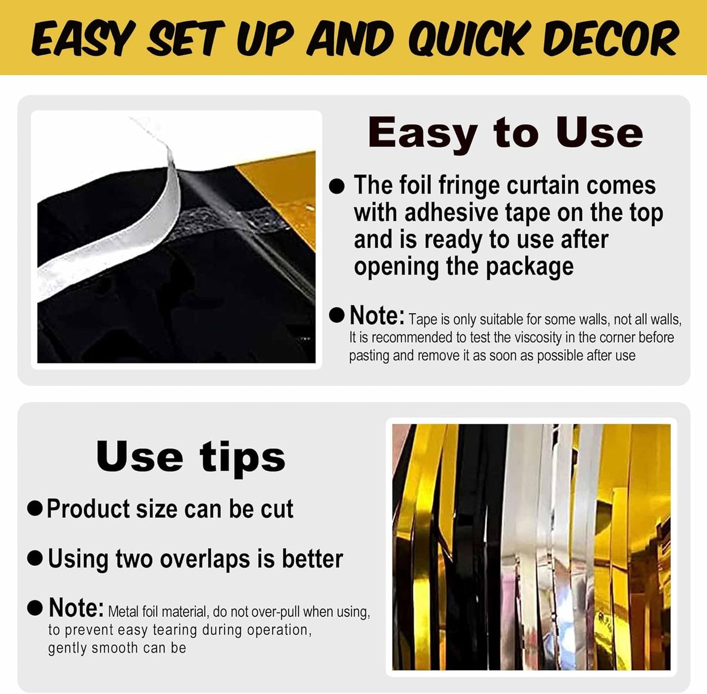 3 Pack Black Gold Silver Foil Fringe Curtains Backdrop, 3.28 x 9.8 Ft Metallic Streamers Tinsel Curtains Background for Photo Booth, Birthday, Halloween, Christmas, New Year Party Decorations