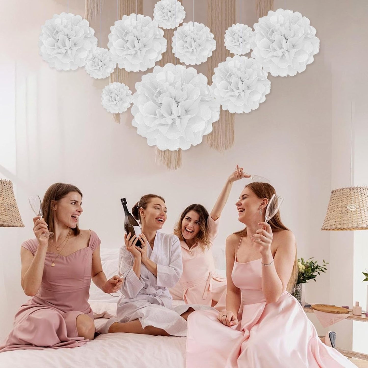 Tissue Paper Pom Poms, White Tissue Paper Flowers, Hanging Flower Balls for Weddings Fiesta Parties Birthday Baby Showers Classroom Bridal Shower Decoration (20Piece Set-6/10/12/14Inch)