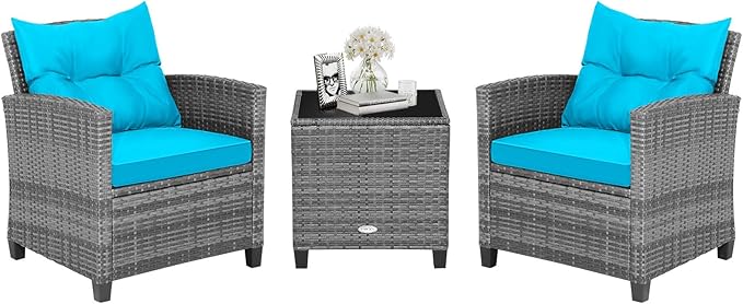 HAPPYGRILL 3 Pieces Patio Conversation Set, Outdoor Furniture Set PE Rattan by HAPPYGRILL